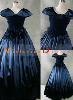 Fancy Navy Blue Gothic Victorian Dress for Sale            Victorian fashion comprises the various fashions and trends in British culture that emerged and grew in province throughout the Victorian era and the reign of Queen Victoria, a period which would last from June 1837 to January 1901. Covering nearly two thirds of the 19th century, the 63 year reign would see numerous changes in fashion. In every girl amp;#39;s mind, victorian fashion is also girl amp;#39;s another bright attitude about fa Elegant Blue Victorian Evening Dress, Elegant Blue Victorian Dress For Evening, Elegant Fitted Blue Victorian Dress, Elegant Blue Victorian Dress For Party, Formal Blue Victorian Dress, Historical Ball Gown Dresses For Theater, Historical Ball Gown For Theater, Vintage Blue Ball Gown Dress, Blue Historical Dress For Costume Party