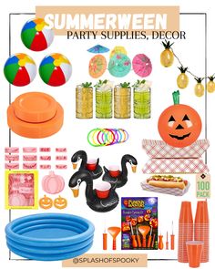 an assortment of halloween party supplies including balloons, plates, cups and other items to decorate