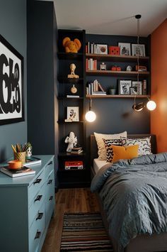 a bedroom with orange walls and blue bedding in the corner, bookshelves are on either side of the bed