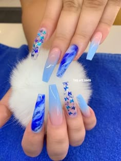 Acrylic Nail Designs Coffin, Blue Coffin Nails, Blue Acrylic Nails, Ombre Acrylic Nails, Her Nails, Long Acrylic, Long Square Acrylic Nails