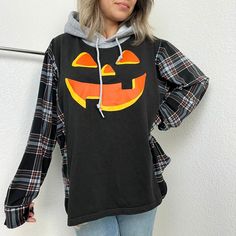 Reworked Halloween pumpkin hoodie with flannel sleeves. Measurements; 24" width (blue line), 25" length (red line) and 33" sleeves (green line). Please see last photo for measurements. Fits like a large sweater. Pumpkin Hoodie, Flannel Hoodie, Large Sweater, Large Sweaters, Red Line, Blue Line, Halloween Pumpkin, Halloween Pumpkins, Favorite Outfit