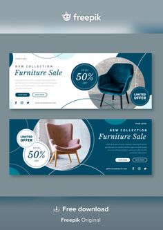 two banners for furniture sale, one with a chair and the other with a blue background