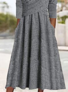 Casual Solid Dresses With Pockets, Casual Solid Color Dresses With Pockets, V-neck Winter Dress With Pockets, V-neck Winter Dresses With Pockets, Winter V-neck Dress With Pockets, Solid Knee-length Dress With Pockets, Knee-length Dress With Pockets, Casual Fall Dresses With Pockets, Casual A-line Dresses With Pockets