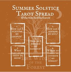 the poster for summer solstice tarot spread, which includes four different words