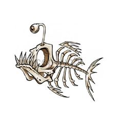 a drawing of a fish skeleton with spikes on its back and teeth in it's mouth