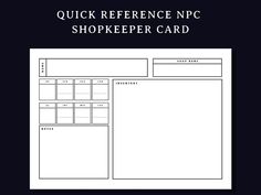 a black and white photo with the words quick reference for shopkeeper card on it