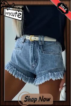 Sky Blue Raw Hem Acid Wash Denim Shorts Blue Jean Shorts With Frayed Hem For Spring, Summer Denim Blue Jeans With Frayed Hem, Trendy Blue Jean Shorts With Frayed Hem, Blue Jean Shorts With Frayed Hem For Summer, Acid Wash Denim, Bottoms Shorts, Acid Wash, Denim Wash, Sky Blue