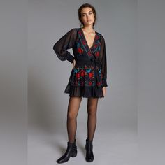 Black Embroidered Wrap Mini Dress By Pallavi Mohan. Beautiful Red And Blue Embroidery On A Black Base. Gorgeous Details Such As The Scalloped Finishing On The Bottom Hem. Stunning In Person! Size M, True To Size. Nwt Polyester Embroidered Detail V-Neck Wrapped Mini Silhouette Tie Closure Dry Clean New With Tags Fall V-neck Dress With Embroidered Hem, Chic V-neck Dress With Floral Embroidery, Chic Floral Embroidered Mini Dress, V-neck Dress With Floral Embroidery For Fall, Long Sleeve Embroidered Dresses For Night Out, Fall Floral Embroidered V-neck Dress, Black Embroidered V-neck Mini Dress, Fall V-neck Embroidered Hem Dress, Chic Embroidered V-neck Mini Dress