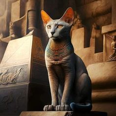 a cat sitting on top of a wooden table next to an egyptian style building with statues in the background