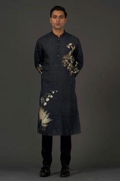 Shop for Rohit Bal Black Linen Floral Print Kurta Set for Men Online at Aza Fashions Agbada Design, Black Kurta, Kurta Set For Men, Rohit Bal, Linen Color, Linnet, Churidar, Kurta Set, Full Sleeves