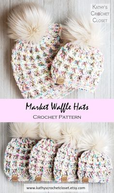 two crocheted hats with pom poms on top and the words market waffle hat