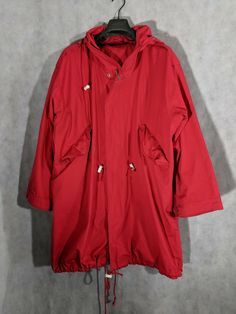 Ralph Lauren vintage red rain jacket with hood, multiple drawstrings, pockets. Overall great condition, couple tiny blemishes. Size Large. Pit to pit: 23" Length: 36" Shoulders: 22" Shoulder to cuff: 22" Red Rain Jacket, Red Raincoat, Raincoat Jacket, Hooded Jacket, Rain Jacket, Overalls, Ralph Lauren, Red, Clothes