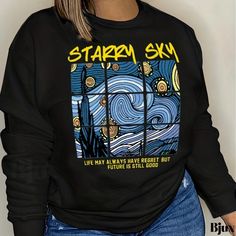 Bjux - Premium Womens Plus-Size Sweatshirt: Long-Sleeved, Round-Neck, Casual with Painting and Slogan Print Spring Stretch Graphic Print Sweatshirt, Fitted Graphic Print Sweatshirt For Spring, Casual Stretch Sweatshirt With Graphic Print, Trendy Long Sleeve Comfortable T-shirt, Drawing Black, Round Neck Sweatshirts, Fabric Medium, Plus Size Casual, Casual Sweatshirt