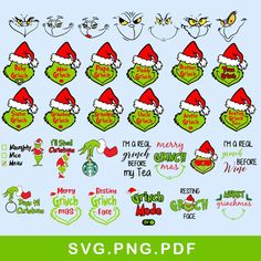 the grin's christmas svg bundle includes santa hats and other holiday related items