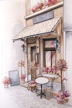 a drawing of a store front with tables and chairs