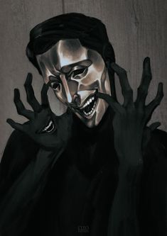 a painting of a person with their hands in front of his face and the other hand behind him