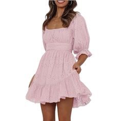 New Dress Pink Eyelet Pink Puff Sleeve Dress For Spring Vacation, Casual Pink Puff Sleeve Dress For Garden Party, Cute Knee-length Mini Dress For Daywear, Mini Dress Puff Sleeves, Babydoll Mini Dress, Square Necklines, Dress Pink, Xl Dress, Square Neckline