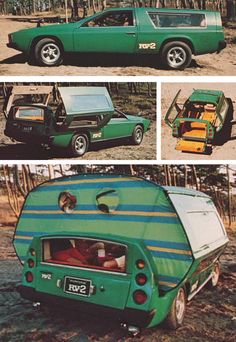 three different pictures of an old car with the hood up and side doors open, in various stages of being painted green