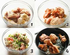 four pictures showing how to cook chicken in a skillet