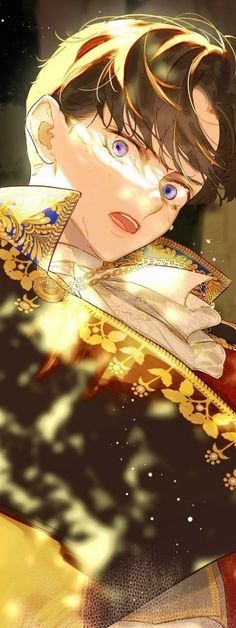 an anime character with long black hair and blue eyes, wearing a gold outfit in front of a dark background