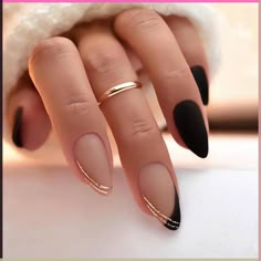 Trending French Nails 2024, Elegant Black Acrylic Nails, Almond Nails Manicure, Gold Nails With Black Tips, Acrylic Nail Ideas Almond Shape, Cute Nail Ideas Winter, Short French Tip Acrylic Nails Fall Colors, French Nails Black Tips, 2024 Almond Nails