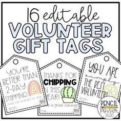 six printable volunteer gift tags with the words