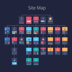 the site map with colorful squares and icons on dark blue background, flat design style