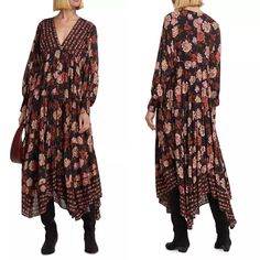 Brand New Without Tag Cut In An Asymmetric Silhouette, Free People's Long-Sleeve Rows Of Roses Maxi Dress Is Decorated With Painterly Floral Prints And A Tiered Skirt. Plunging V-Neck Long Sleeves, Barrel Button Cuffs Asymmetric Hem Pulls Over 100% Viscose Machine Wash Imported #4 Bohemian Asymmetrical Fall Dresses, Bohemian Midi Dress With Floral Print And Asymmetrical Hem, Fall Floral Print Dress With Asymmetrical Hem, Chic Handkerchief Hem Dresses For Fall, Chic Fall Dresses With Handkerchief Hem, Bohemian Asymmetrical Floral Print Dresses, Asymmetrical Dress For Fall Daywear, Asymmetrical Dress For Daywear In Fall, Pink Velvet Skirt