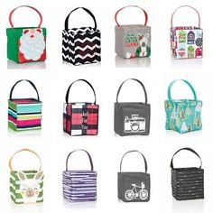 many different purses with handles and designs on each one, all in different colors