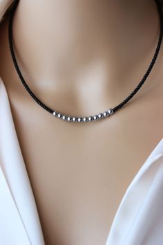 This unique dainty necklace was made of black glass seed beads, silver tone hematite stone 5 mm beads, strong nylon  double thread, stainless steel end clasps, stainless steel lobster clasw and steel adjustable length chain. Perfect jewelry for everyday wear! You can wearing it with other chokers,chain necklaces or alone! Total length of necklace is 42 cm or 16.5 inches and 4 cm of adjustable length chain. PLEASE NOTE: The silver tone pendant necklace is not included in the price and serves as a Black Chains Jewelry, Diy Choker, Black Beaded Necklace, Beads Choker, Sparkly Necklace, Italian Horn, Diy Jewelry Unique, Beaded Necklace Designs, Beaded Necklace Diy