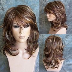 Medium Side Bang Highlighted Layered Slightly Curled Synthetic Wig Red Fall, Natural Wigs, Winter Hair, Mid Length Hair, Medium Hair Cuts, Synthetic Wig, Medium Length Hair Cuts