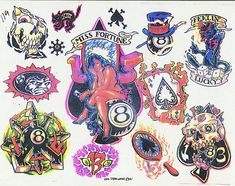 an assortment of tattoos and stickers on a piece of white paper with black border