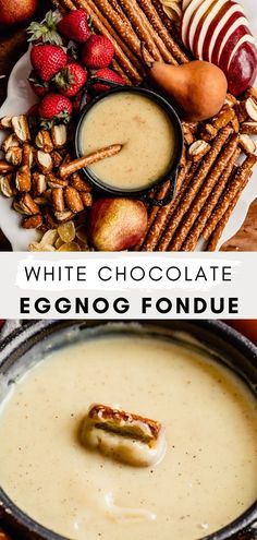 white chocolate eggnog fondue with apples and cinnamon sticks