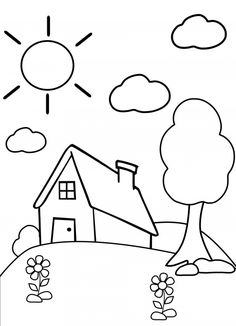 a house with trees and sun in the sky coloring pages for kids, printable