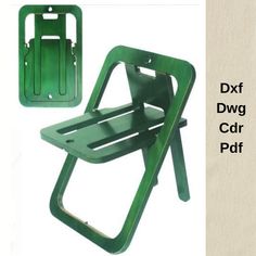 a green folding chair next to a piece of paper with the words dxf dwgg card pad on it