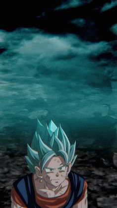 a young gohan standing in front of the ocean with his head turned to the side