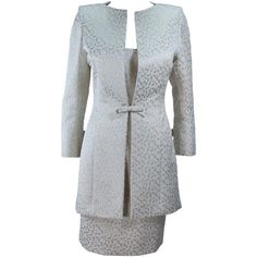 TRAVILLA 2pc White and Gold Metallic Brocade Silk Dress and Coat Ensemble Size 8 | From a unique collection of rare vintage Dress and Coat Ensembles at https://www.1stdibs.com/fashion/clothing/suits-outfits-ensembles/dress-coat-ensembles/. Elegant Beige Outerwear For Formal Occasions, Elegant Cream Outerwear For Formal Occasions, Elegant Gold Outerwear For Parties, Elegant Evening Outerwear, Luxury Cream Outerwear For Evening, Elegant Fitted Outerwear For Ceremony, Elegant Brocade Outerwear For Formal Occasions, Elegant Long Sleeve Outerwear With Bow, Elegant Formal Brocade Outerwear