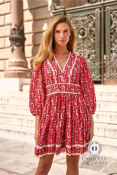 Camille Abstract Print Skater Dress V Neck Dress Long Sleeve, Camille Dress, Fall Transition, Fall Dress, Dress Silhouette, Dress Long Sleeve, Affordable Luxury, French Fashion, Shades Of Red