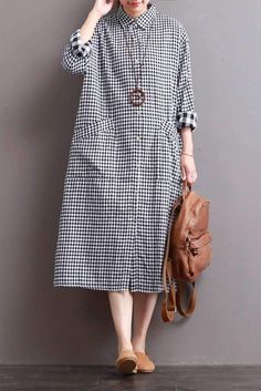 Linen Plaid Casual Loose Shirt Dress Long Shirt for Women Casual Long Sleeve Dress For Fall, Casual Long Sleeve Midi Dress For Work, Casual Black Long Sleeve Dress For Fall, Casual Long Sleeve Cotton Dress For Fall, Casual Knee-length Long Sleeve Dress For Work, Casual Long Sleeve Knee-length Dress For Work, Casual Long Sleeve Midi Dress For Fall, Casual Long Sleeve Knee-length Winter Dress, Casual Long Sleeve V-neck Dress For Fall