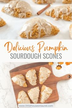 delicious pumpkin sourdough scones with icing on top and in the background