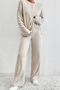 Ribbed Half Button Knit Top and Pants Set - Sydney So Sweet Drop Shoulder Top, Hem Sweater, Top And Pants Set, Henley Top, Loungewear Sets, Pantalon Large, Casual Sets, Knit Set, Casual Blouse