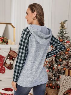 Plaid Splicing Kangaroo Pocket Buttoned Hoodie Casual Long Sleeve Patchwork Hoodie, Winter Color Block Gray Hoodie, Winter Gray Color Block Hoodie, Gray Color Block Hoodie For Winter, Button Hoodie, Autumn Sleeve, Plus Size Hoodies, Kangaroo Pocket Hoodie, Winter Sweatshirt