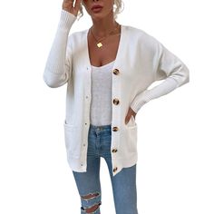 White Solid Button Knit Cardigan with Pocket Trendy Everyday Cardigan With Buttons, Trendy Buttoned Sweater For Everyday, White Cardigan With Button Closure For Fall, Trendy Everyday Sweater With Buttons, Trendy White Cardigan With Buttons, White Fall Cardigan With Button Closure, Spring Button-up Sweater With Buttoned Pockets, White Casual Cardigan With Buttons, White Sweater Coat With Button Closure