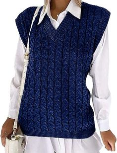 Sleeveless Knitted Cotton Sweater, Blue Knit Vest For Fall, Casual Knitted Tank Top For Fall, Trendy Blue Sleeveless Sweater, Trendy Sleeveless Blue Sweater, Blue Sleeveless Sweater Vest For Winter, Casual Cable Knit Sleeveless Tank Top, Knitted Tank Top For Fall, Blue Knit Sweater Vest For Fall