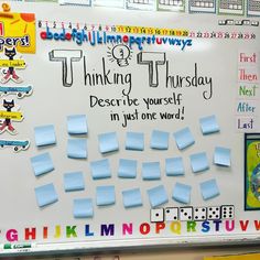 a bulletin board with post it notes and writing on it that says thinking thursday describe yourself in just one word