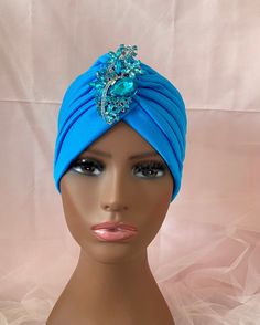 "♥Blue Fullhead Turban Hat with brooch attached but can be easily removed ♥Beautiful color in person, can be worn with anything  ♥Brooch measures Approx 7.7 cm x4.6 cm/3.03\"x1.81\" ♥Please convo me for custom orders ♥ All items shown in my store are ready to ship  ♥Smoke free and pet free home studio ♥Favorite Fashionistas head piece a full head Turban hat ♥Stretch fabric, one size fits all ♥ Handwash only, Do Not Iron, Do Not Bleach I love fashion, I love different styles ... WELCOME... My pie Adjustable Blue Turban For Party, Chemo Scarves, Bohemian Hats, Head Turban, Turban Cap, I Love Fashion, Turban Headwrap, Chemo Hat, Head Jewelry