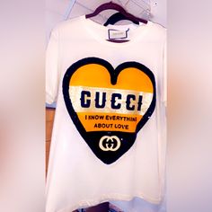 Never Worn Beautiful Limited Edition I Know Everything About Love Gucci T-Shirts. I Know Everything, Nude T Shirts, Plain Black T Shirt, Gucci Shirt, Gucci Top, Gucci T Shirt, Gucci Floral, Yellow T Shirt, Green Sequins