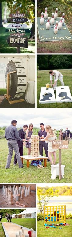 a collage of photos with people playing games in the grass and on the ground