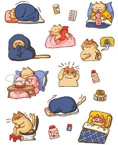 an image of cats sleeping in bed with food and drinks on the table next to them