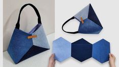 a handbag made out of denim and leather with two different color options to choose from